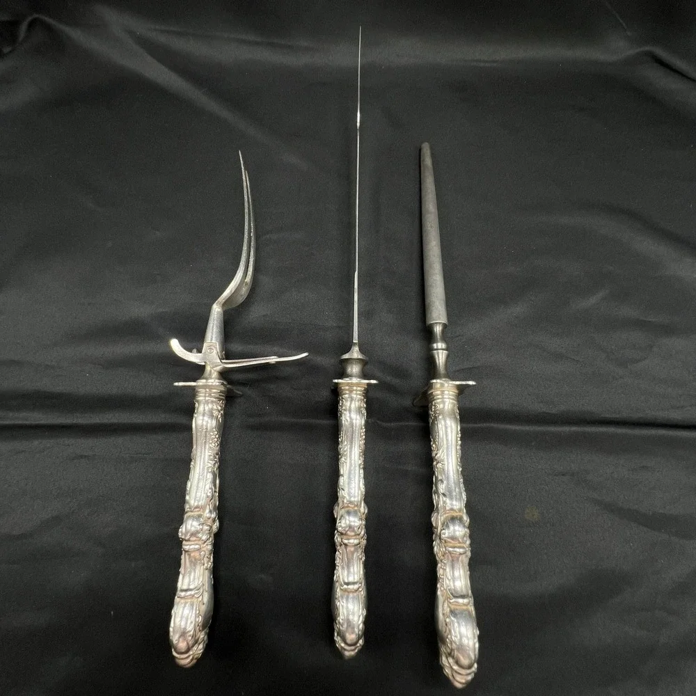 VTG 1835 R Wallace Silver Plate 3 Pcs Carving Set Knife Fork Steel Ornate Floral